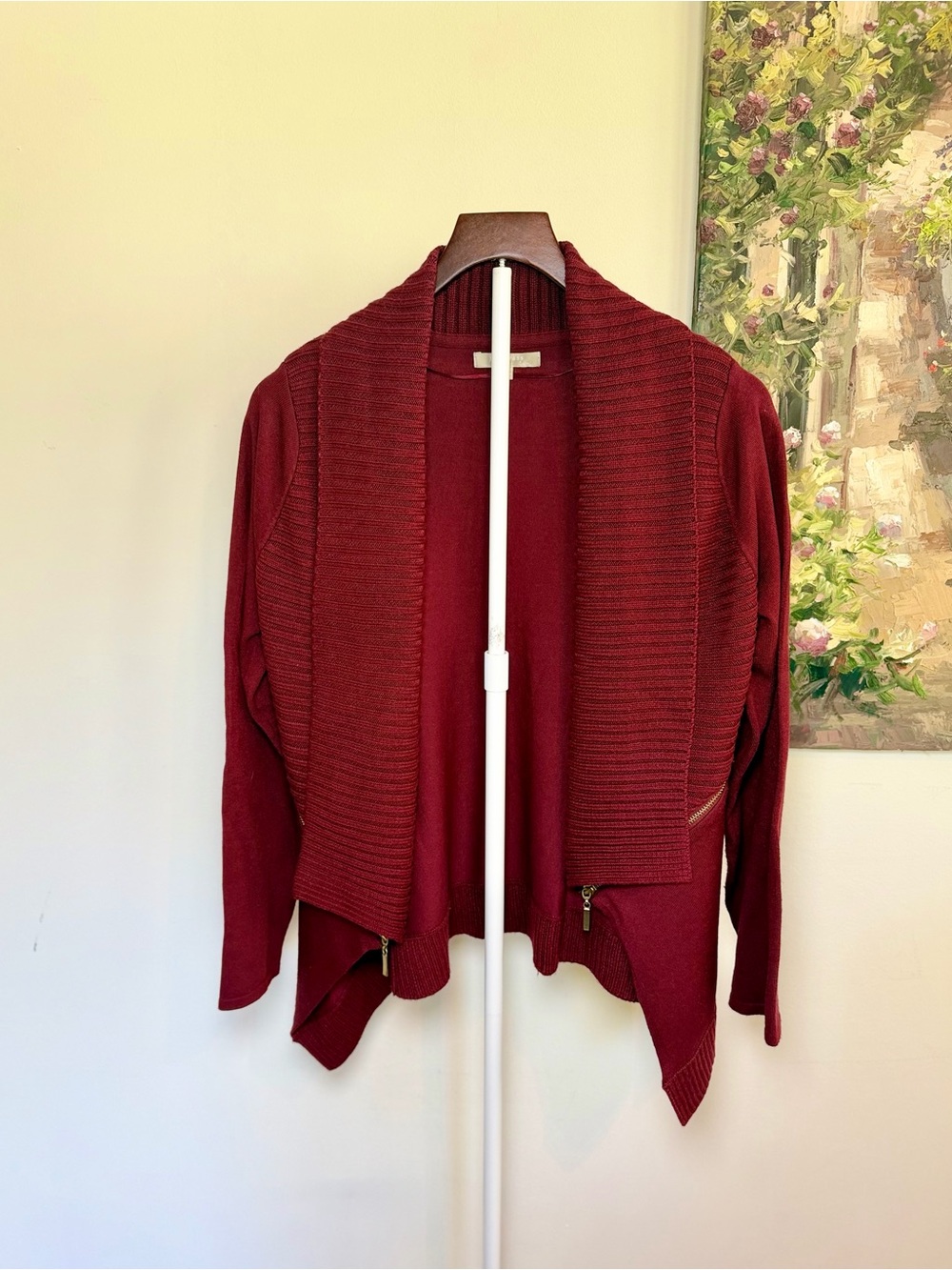 Joan Vass Studio Burgundy Ribbed Cardigan Gold Zipper Shawl Collar Medium